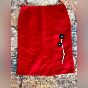 PRADA red silk SATIN FLORAL APPLIQUE Pencil Skirt 40 S